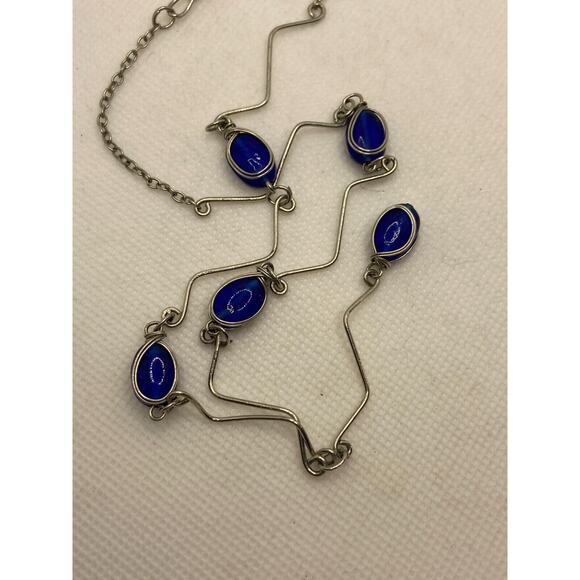 Silver Tone Blue Oval Glass Unique Link Station Necklace Drop Pendant 17 in - Picture 9 of 9